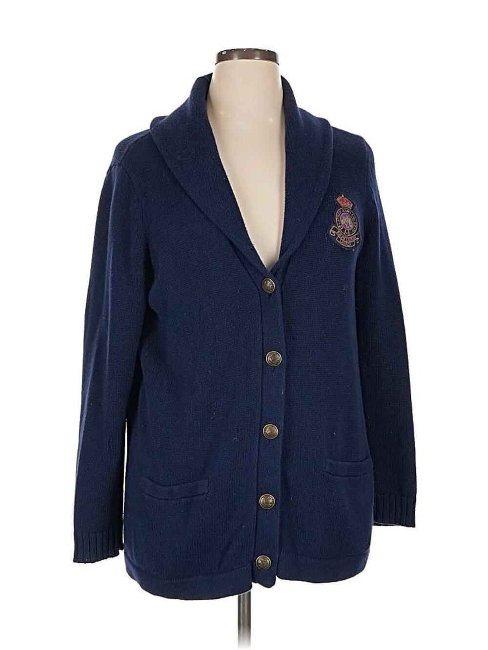 Ralph Lauren Jeans Co Navy Blue Crest Knitted Cotton V Neck Cardigan 1X